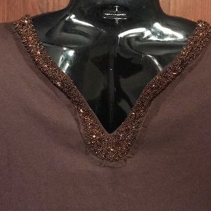 Beads & Sequins Neckline, Brown Top, Sz M